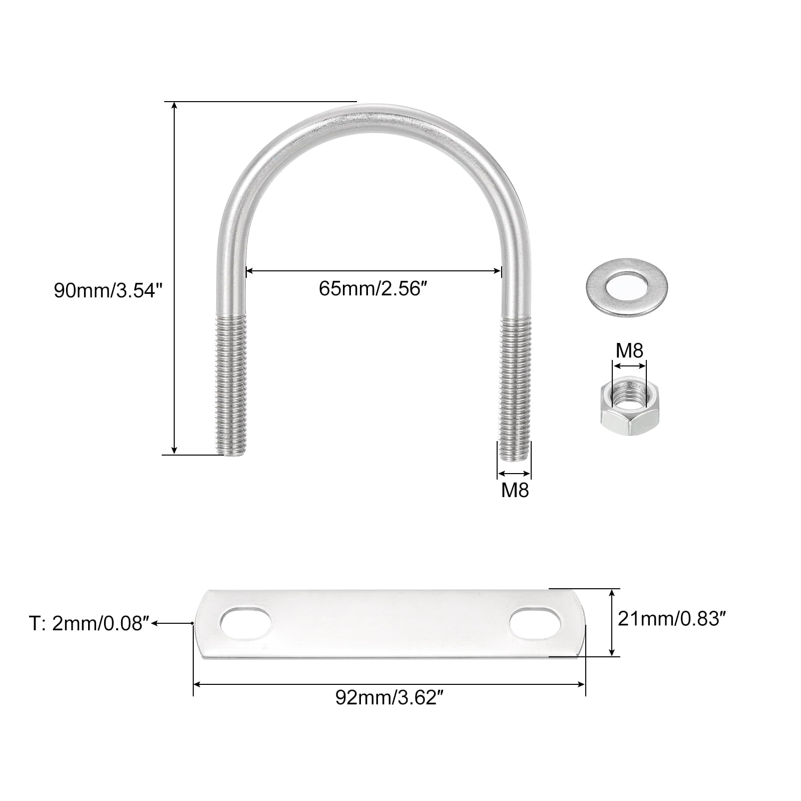 Round U-Bolts, 6 Sets 63mm(2.48") Inner Width 90mm Length M8 304 Stainless Steel U Clamp Bolt with Nuts and Plates