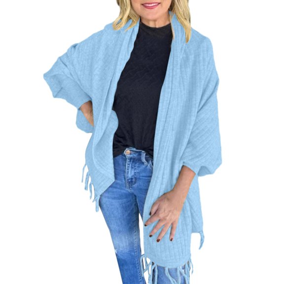 Kureaily Women's Autumn And Winter Solid Color Knitted Fringed Cape Cardigan Coat Button Down Cardigan