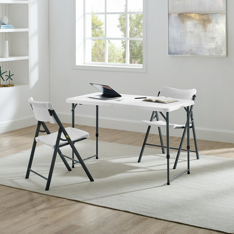 Mainstays White 4 Foot Adjustable Height Folding Plastic Table Easy Fold Indoor Outdoor 5 Year Warranty Resistant to Scratch Stain UV Damage