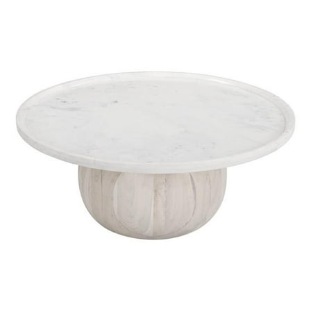 HomeRoots 565074 35 in. White & Natural Wood & Faux Marble Round Pedestal Coffee Table