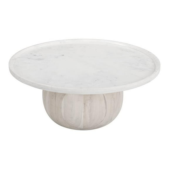 HomeRoots 565074 35 in. White & Natural Wood & Faux Marble Round Pedestal Coffee Table