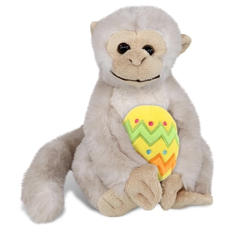 DolliBu White Squirrel Monkey with Yellow Easter Egg Plush - Perfect Monkey Stuffed Animals for Easter Basket Cute Easter Egg Stuffed Animal Spring Toys for Girls Boys and Babies - 12.5 Inches