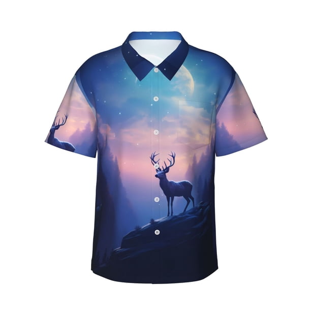 Balery Night Sky Elk Camisas hawaianas de manga corta para hombre, camisas playeras de corte holgado, camisas de vacaciones con botones,Medium