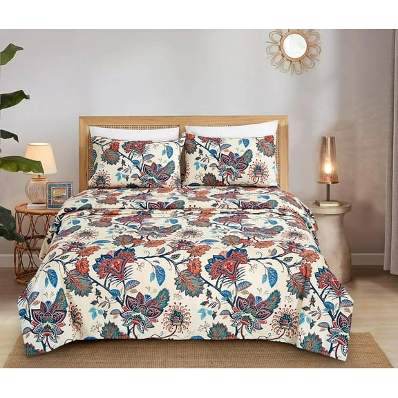 Chezmoi Collection Paradise 4-Piece Floral Bed Sheet Set, Multicolor Blue Red Orange Cream Printed Microfiber 14-Inches Deep Pocket Sheets & Pillowcases Set, Queen