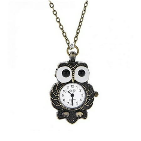 Big Eye Owl Necklace Pendant Pocket Watch Antique Copper Color Anti-Tarnish Woman Timepiece, WP-16
