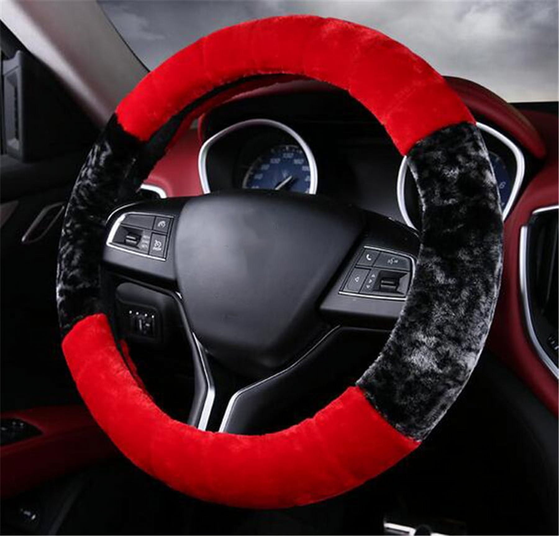 Winter 38Cm Black+Red Plush Furry Thick Auto Car Steering Wheel Cover