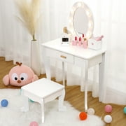 Leeten Girls Vanity Table and Chair Set for 4 - 9, White Wood Vanity Makeup Dressing Table with Light, Princess Makeup Playset with Mirror & Drawer