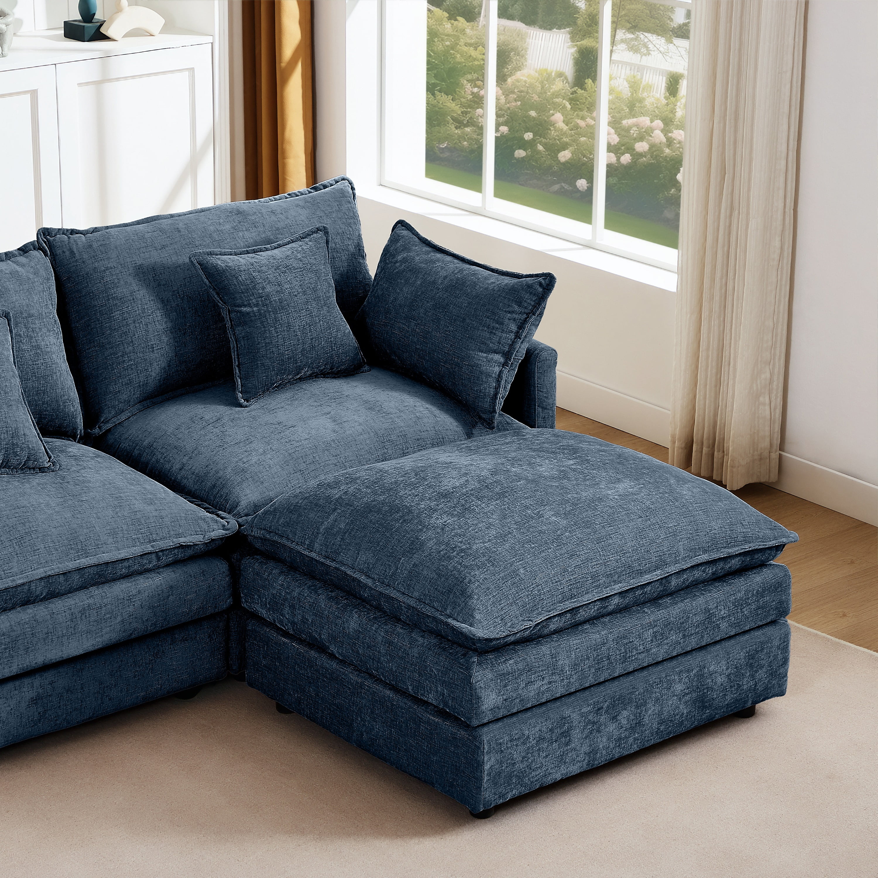Muumblus Sectional Cloud Couch with Reversible Ottoman, L-Shaped Chenille Sofa for Living Room, Blue
