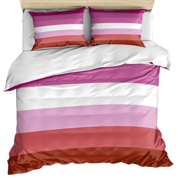 Red Purple Striped Bedding 3 Piece Duvet Cover Set Twin Size, Modern Geometric Ombre Minimalist Soft Microfiber Comforter Cover with Zipper Closure & Pillowcases, Wrinkle & FadeResistant Quilt Cover