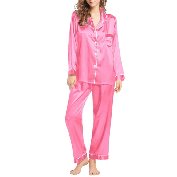 LEKODE pajamas for women set silk pajamas for women satin pajama set for women Button Down Sleepwear christmas pajamas Hot Pink L