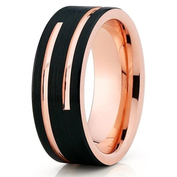 8mm Men Rose Gold & Black IP Faceted Groove Tungsten Carbide  Wedding Band Ring 