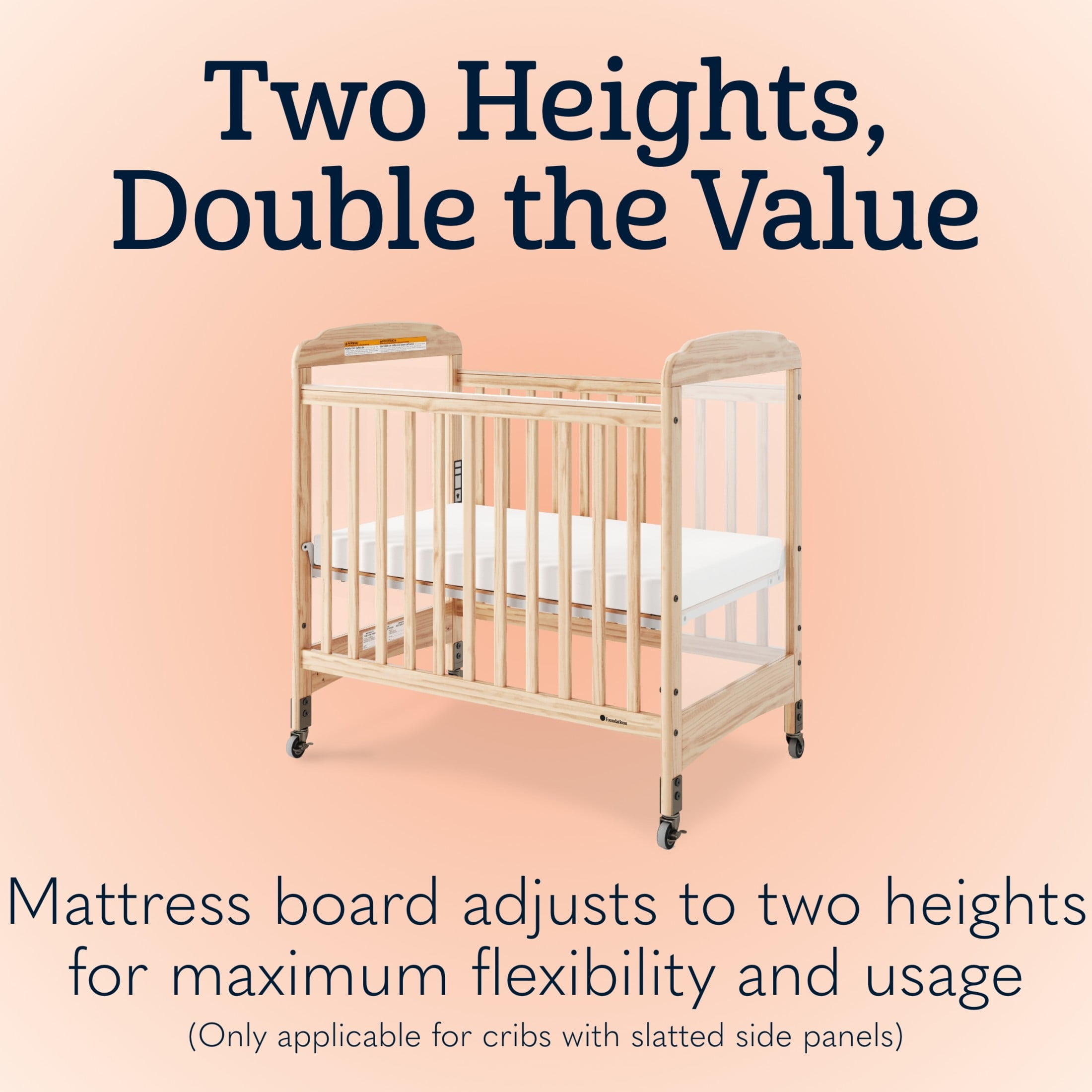 Foundations Serenity Compact Clearview Crib with 3" Foam Mattress, Locking Casters, Adjustable Height