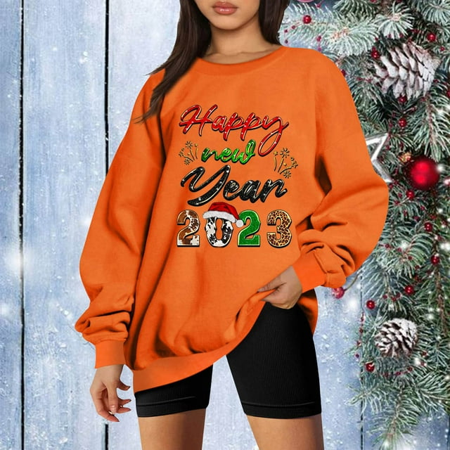 EGNMCR Chandails à Capuchon pour Femmes, Chandails pour Femmes, Chandail à Capuchon pour Femmes Décontracté à Manches Longues Femmes Décontracté à Manches Longues Col Rond Hauts Blouse Ample Nouvel An Noël Imprimé Graphique Chandail pour Femmes Blouse
