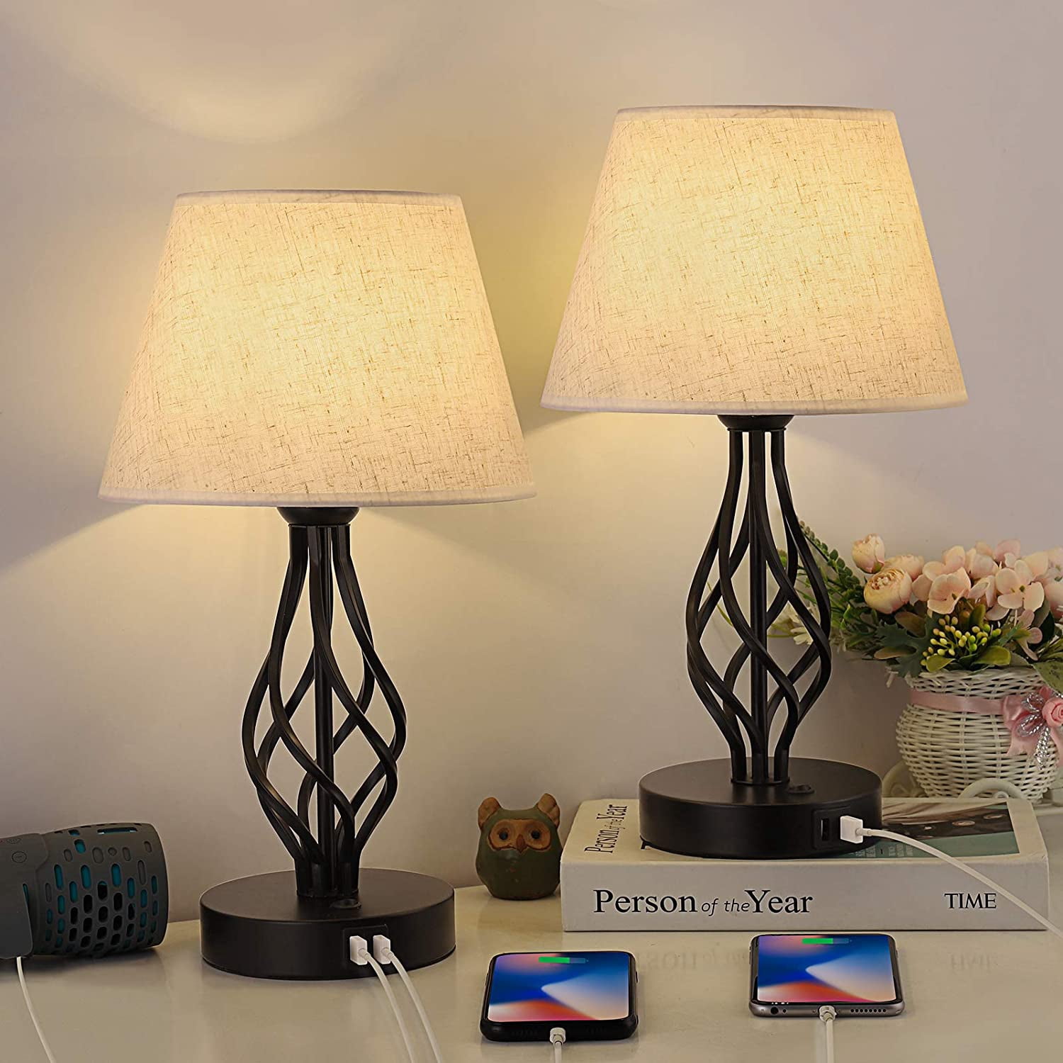 NEX 16.2" Black Table Lamps with Beige Shades (2 Count)