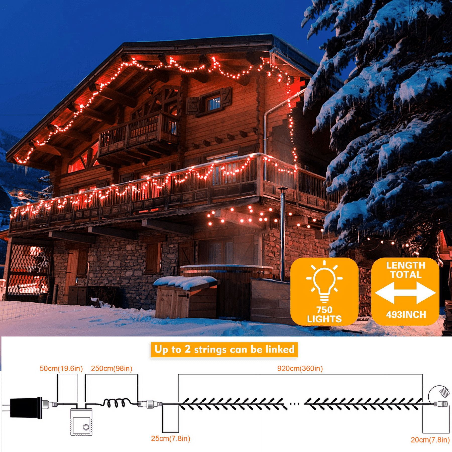 750 LED String Lights Cluster Lights - 41ft Red Green Wire Outdoor Waterproof Lights, Plug in Indoor String Lights with 8 Modes & Timer Memory for Xmas, Christmas Tree