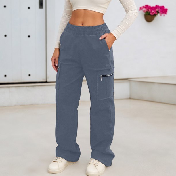 WILLBEST Pantalones Casuales Para Mujer, de Cintura Alta, Holgados, de Pierna Recta, Con Bolsillos Con Cremallera Para Uso Diario y Viajes, Cómodos Pantalones Deportivos Elásticos, Estilo Urbano.