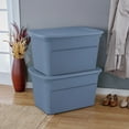 thumbnail image 3 of Sterilite 114 Liter Tote, Large Plastic Storage Bin with Snap-on Lid, Stackable, Blue, 3 of 5