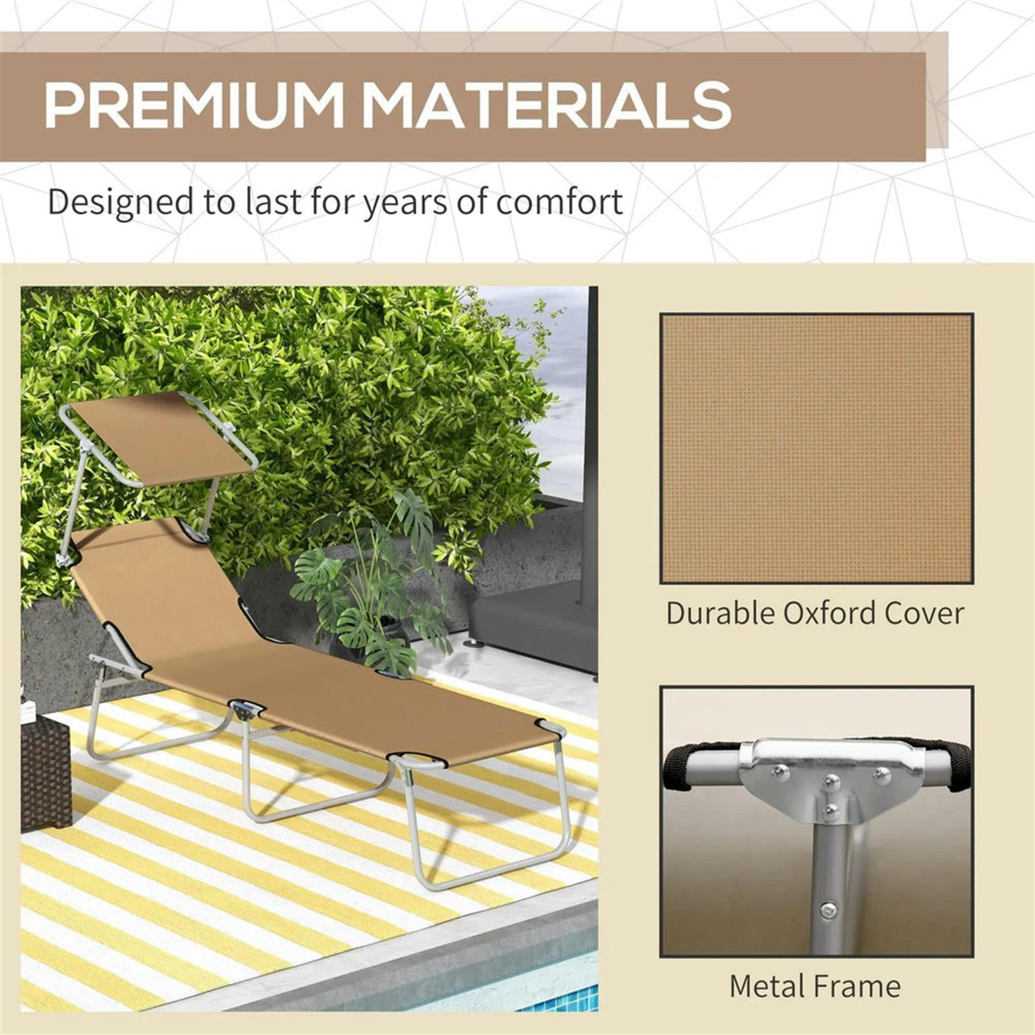 Demi Bonn Outdoor Folding Chaise Lounge, Collapsible Beach Tanning Seat Chair with Sun Protection, Portable Poolside Relaxation for Beach, Yard, Patio, Brown