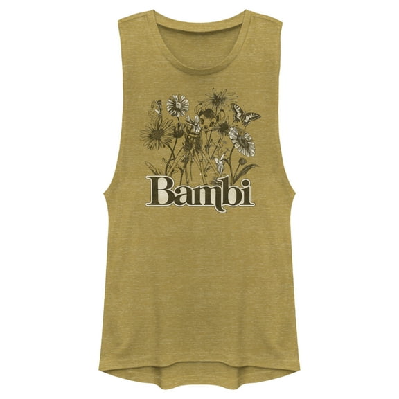 Junior's Bambi Gray Floral Sketch Festival Muscle Graphic Tee Gold Heather Small