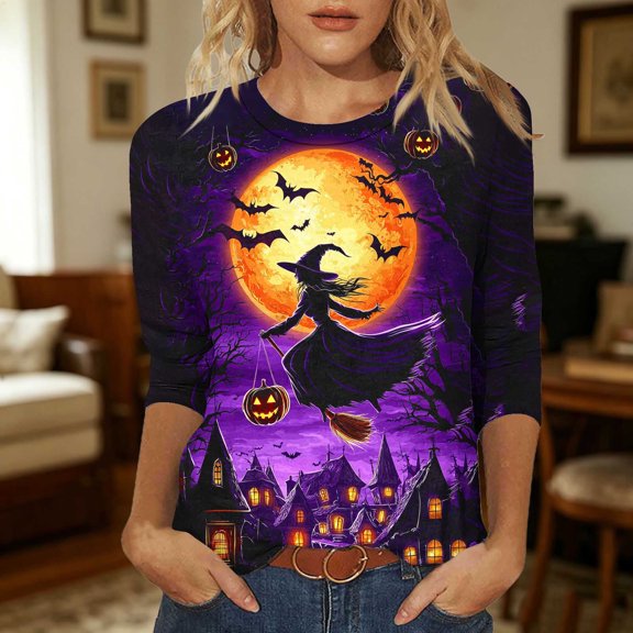 Zorckvet Women's Witch Print T-Shirt with Crew Neck and 3/4 Sleeve
