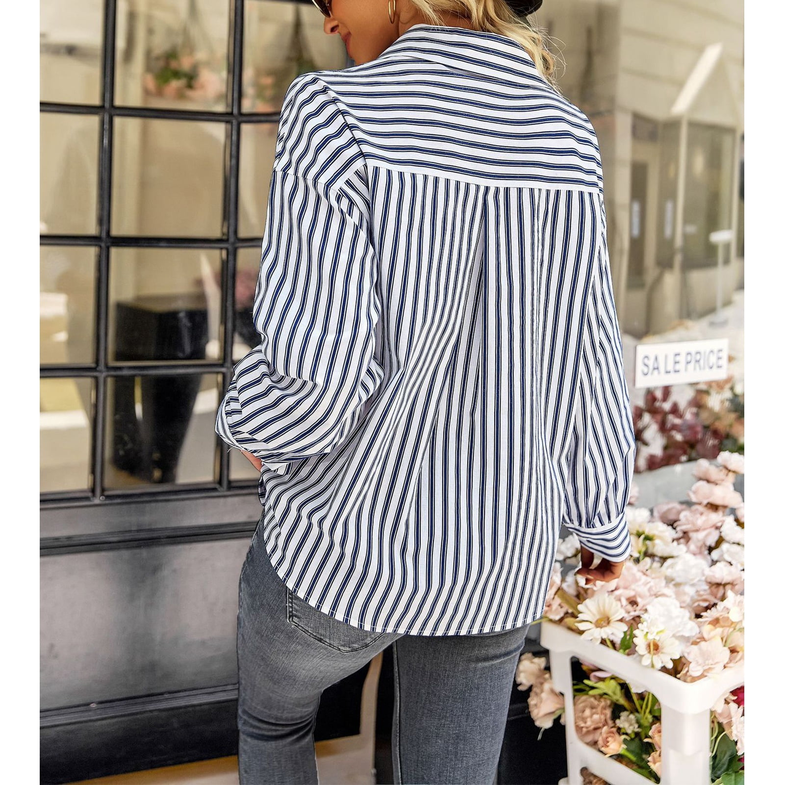 Women Stripe Shirt Pocket Design Women Button Down Blouse Comfortable Stylish Long Sleeve For Home For Office Blue XL Walmart