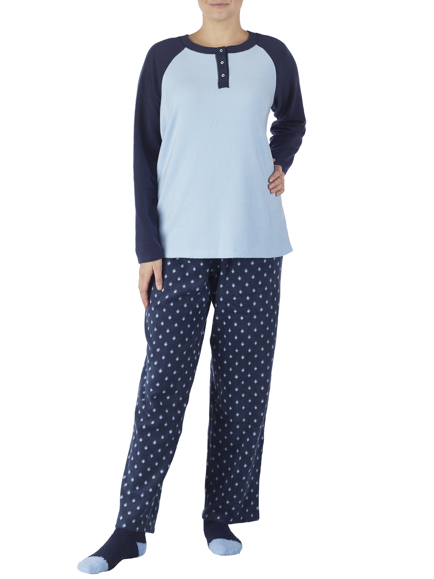 Women's Fleece Henley pajama top with pant and sock 3Piece Giftable