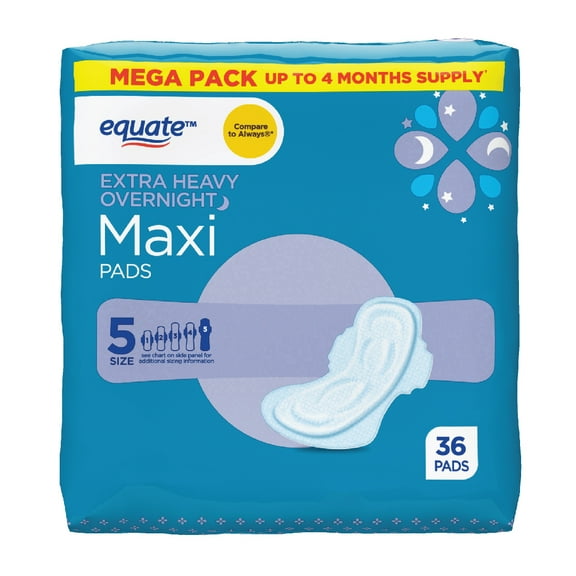 Equate Maxi Pads with Wings, Unscented, Extra Heavy Overnight, Size 5 (36 Count)