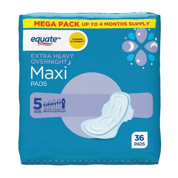 Equate Maxi Pads with Wings, Unscented, Extra Heavy Overnight, Size 5 (36 Count)