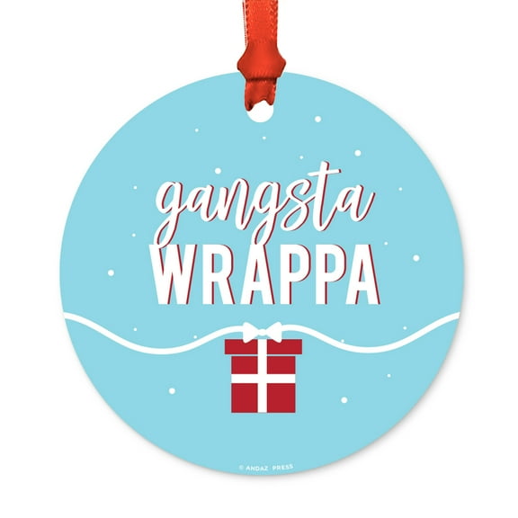 Funny Round Metal Christmas Ornament, Gangsta Wrappa, Present Graphic, Includes Ribbon and Gift Bag