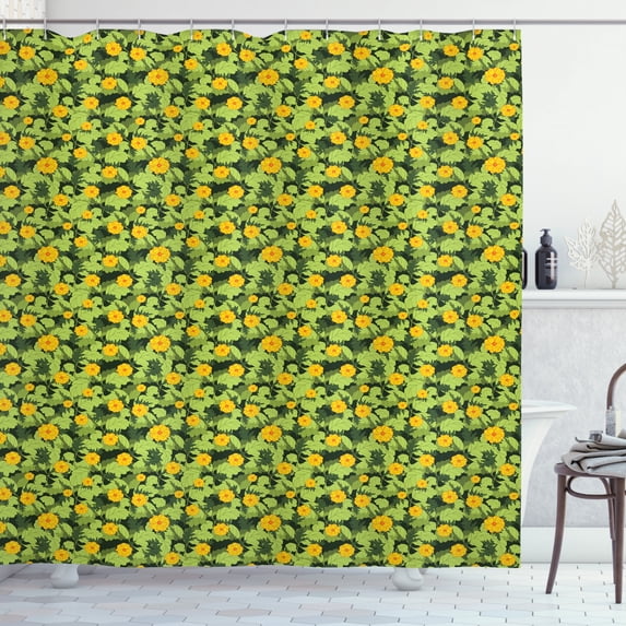 Flower Shower Curtain, Blooming Nature Design with Fresh Vibrant Foliage Hand Drawn Image, Fabric Bathroom Set with Hooks, 69W X 84L Inches Extra Long, Yellow Orange Apple Green, by Ambesonne
