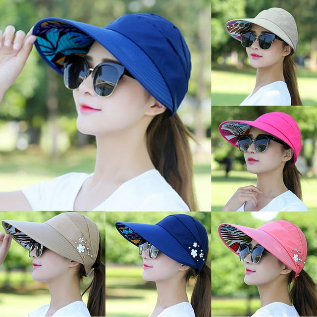 rygai Women Wide Brim Beads Flower Decor Sun Hat Visors Outdoor Sports