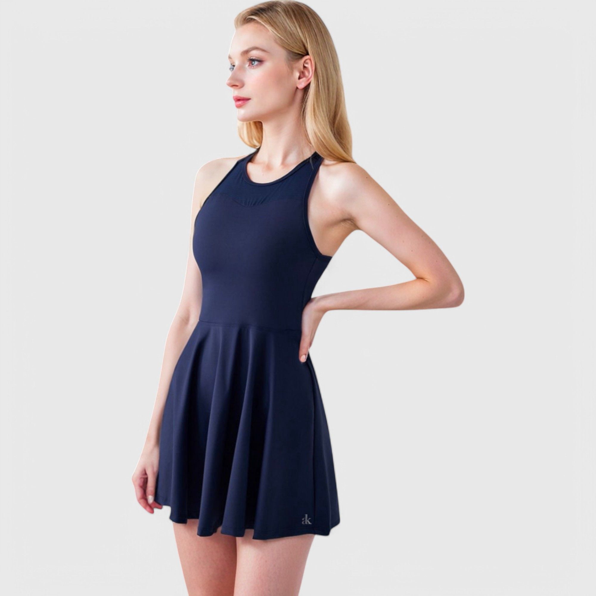 Women's High Neck Flowy Athletic Dress with Built-In Shorts - Medium, Navy