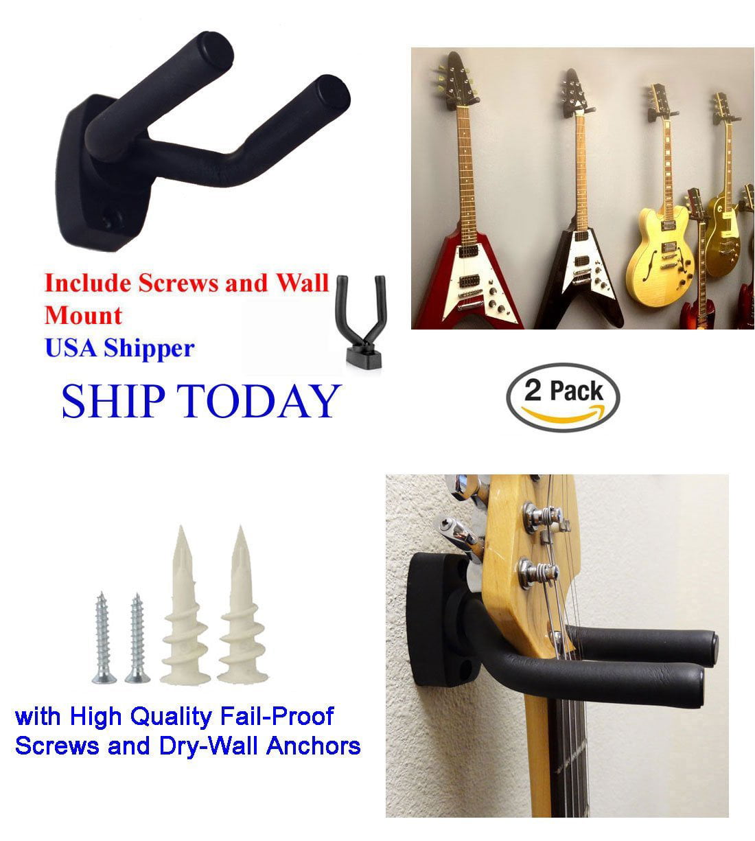 Bass 2Pack Black Guitar Hanger Hook Wall Mount Display Holder for Guitar Mandolin Violin Banjo Guitar Keeper 