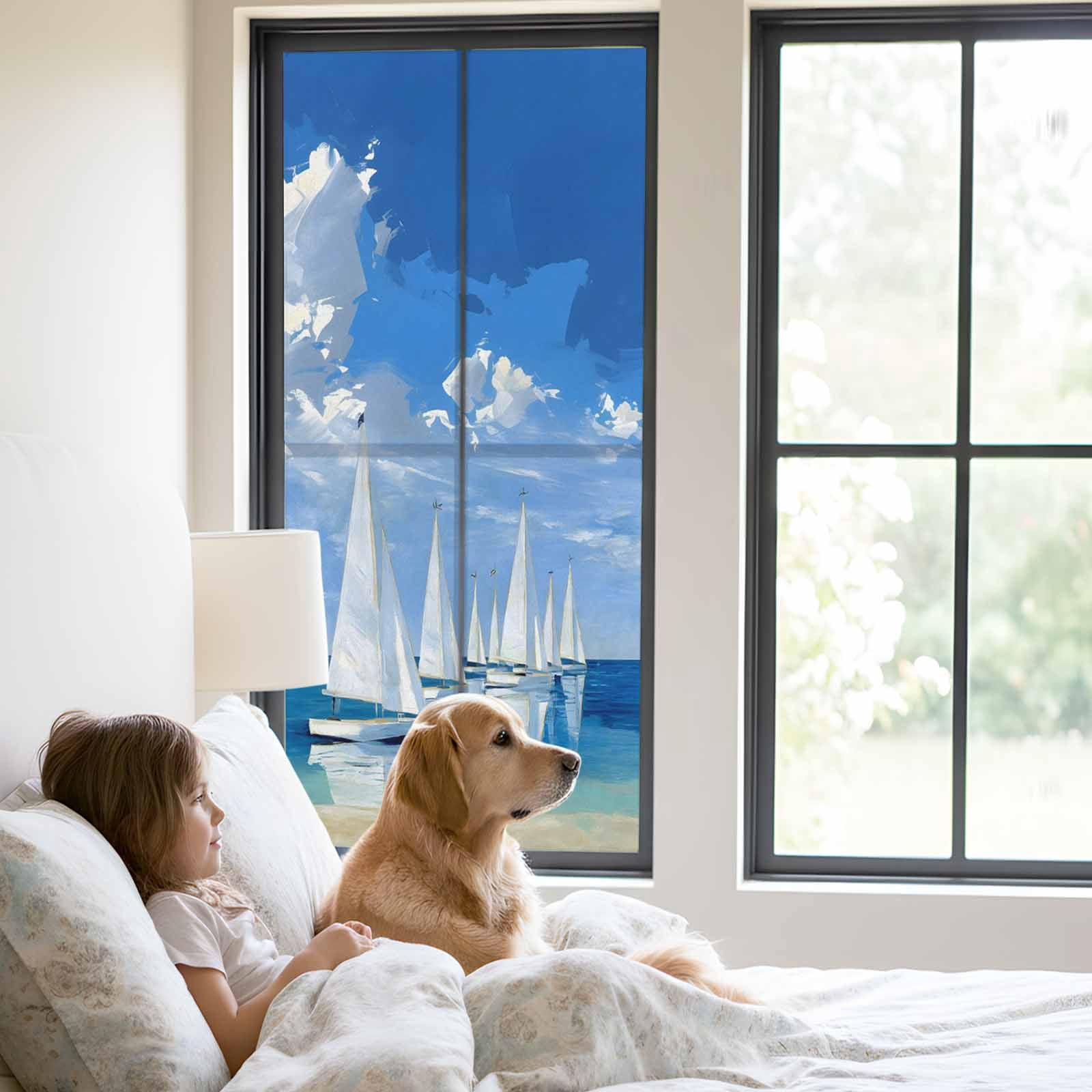 Summer Theme Window Privacy Film, Oil Painting Blue Oceans Sailboats Cloud Sky Frosted Glass Window Clings Static Cling UV Heat Blocking Reusable Door Sticker for Bathroom 23.6 x 59 Inch