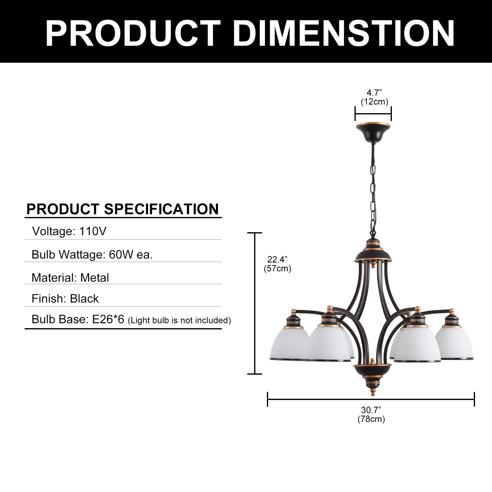 6-Light Glass Shades Chandelier，Bronze Modern Light Fixtures Ceiling Hanging Rustic Pendant Lighting for Dining Room Foyer Bedroom Living Room