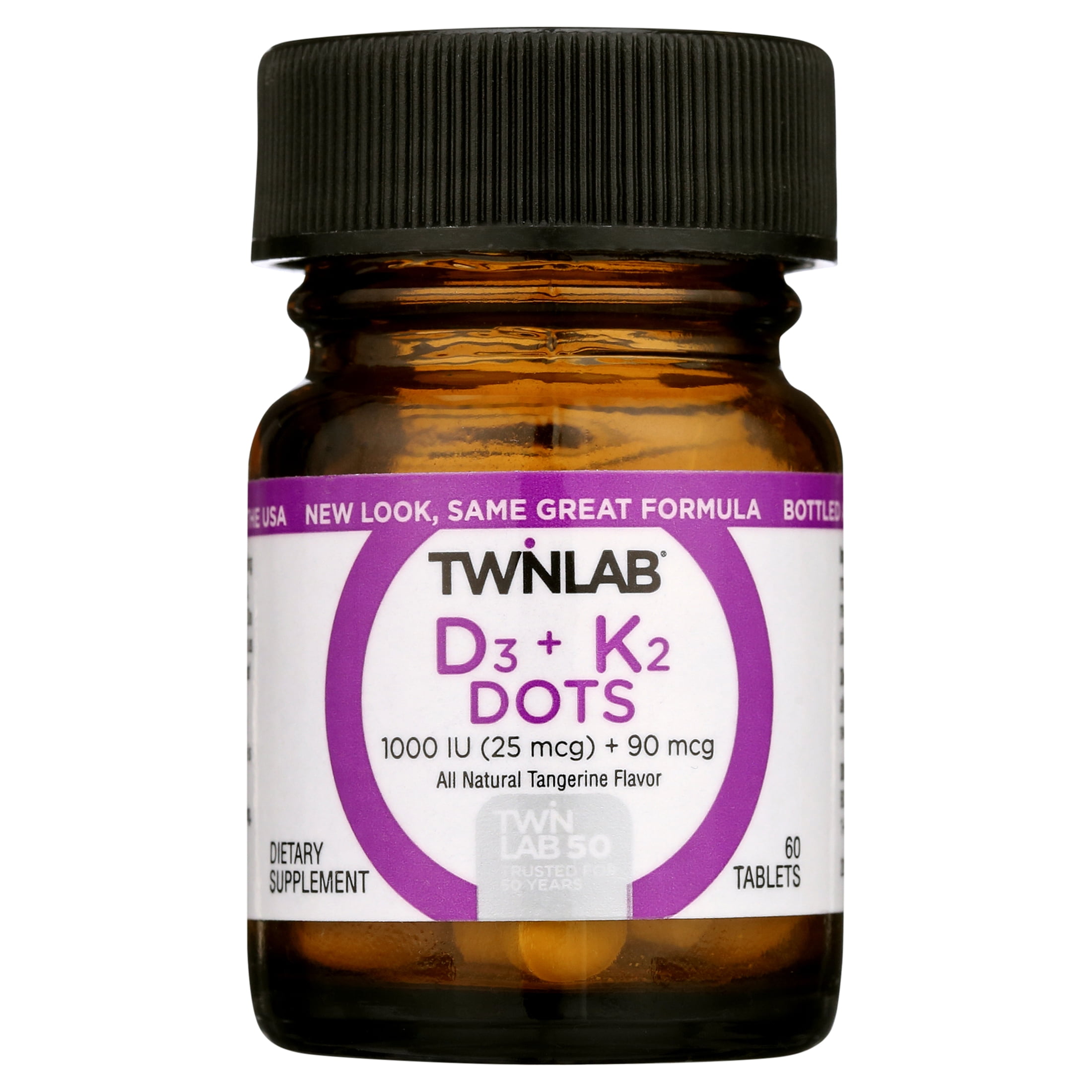 Twinlab D3 + K2 Dots - Vitamin D3 & Vitamin K2 Supplement for Immune Support, Bone Health & Heart Health - Vitamin D 1000 IU + Vitamin K 90 mcg for Bone Strength, Tangerine Flavor, 60 Tablets, 2-Pack