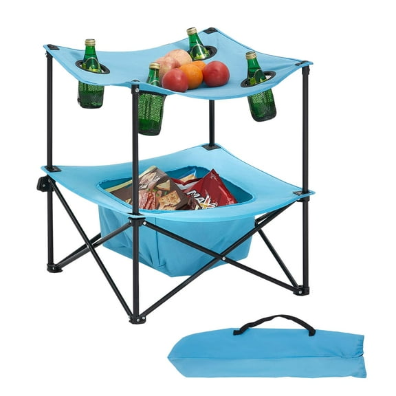 VEVOR Folding Camping Table, Portable Outdoor Lightweight Picnic Table, 600D Oxford Fabric Waterproof Canvas Travel Beach Tables,with 4Cup Holders,Carry Bag,for Tailgating Camping Picnic,Blue