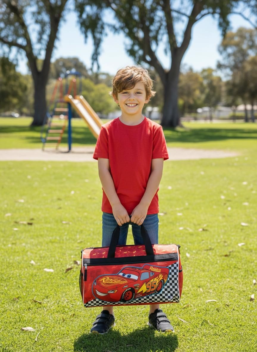 Disney Pixar Cars Kids Duffle Bag  Lightning McQueen Travel Gym Bag with Adjustable Strap, Mesh Side Pockets & Zipper Pocket