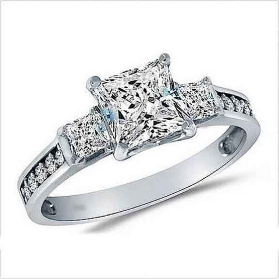 Three Stone Women's Engagement Ring, Accents Pave Set Wedding Ring, 2.2 Ct Princess Cut Diamond Wedding Ring, 14K White Gold Plated, Luxury Diamond Ring Gift For Special Occasion