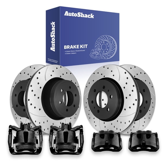 AutoShack Front & Rear Brake Rotors & Black Calipers for Ford, F-150 2012-2016, 2018-2020, 4WD RWD AWD V6 2.7L 3.5L 3.7L V8 5.0L 6.2L - E-Coated Drilled & Slotted - ShadowGuard
