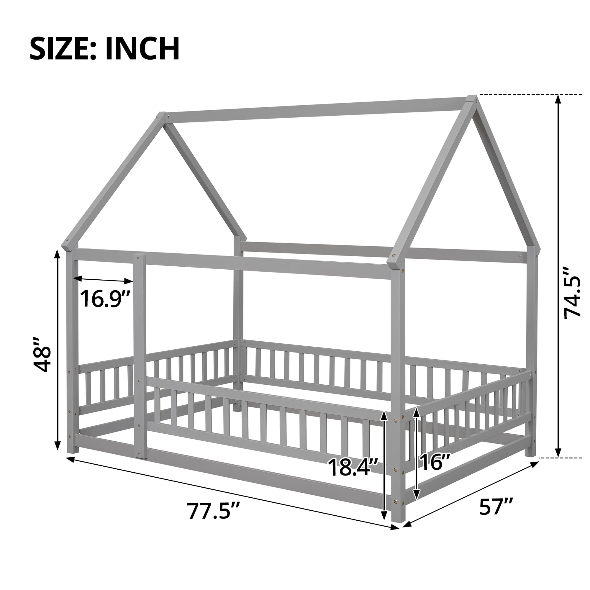 Full Size House Shaped Floor Bed with Fence and Door, Montessori House Bed Frame with Safety Guardrails, Mattress Not included, Gray