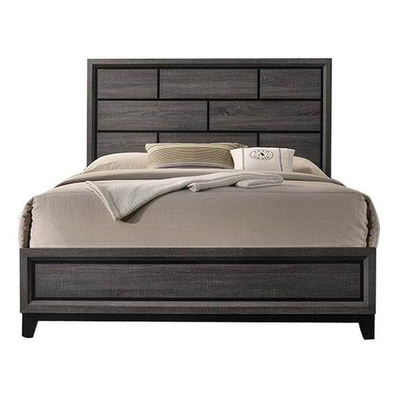 Benjara Mazie King Bed- Brick Style Headboard- Black Tapered Legs- Oak Gray Wood