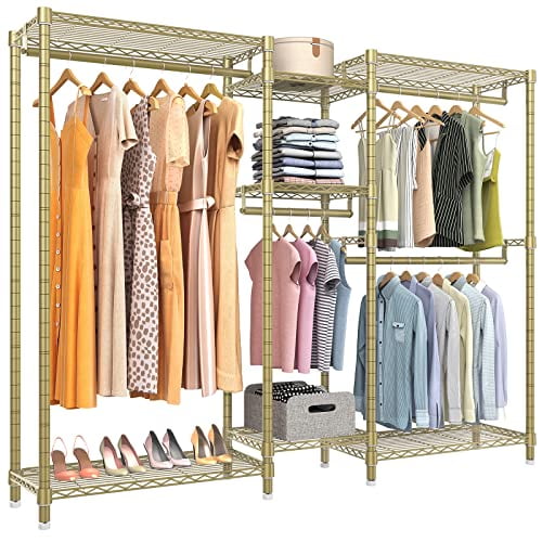 VIPEK V6 Wire Garment Rack Heavy Duty Clothes Rack with 7 Adjustable Shelves & 4 Hanging Rods, Compact DIY Metal Clothing Rack 74.4" L x 17.7" W x 76.4" H, Max Load 850LBS, Gold