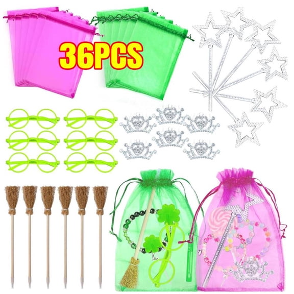 36Pcs Witch Party Favors Set Includes Wizard Witch Broom Princess Crown Glitter Star Wands Decorations for Birthday