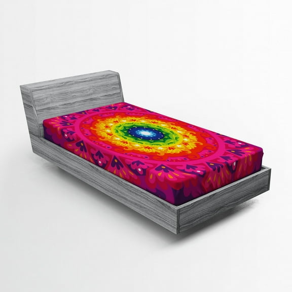 Ambesonne Purple Mandala Fitted Sheet, Rainbow Hippie, Twin Size, Multicolor