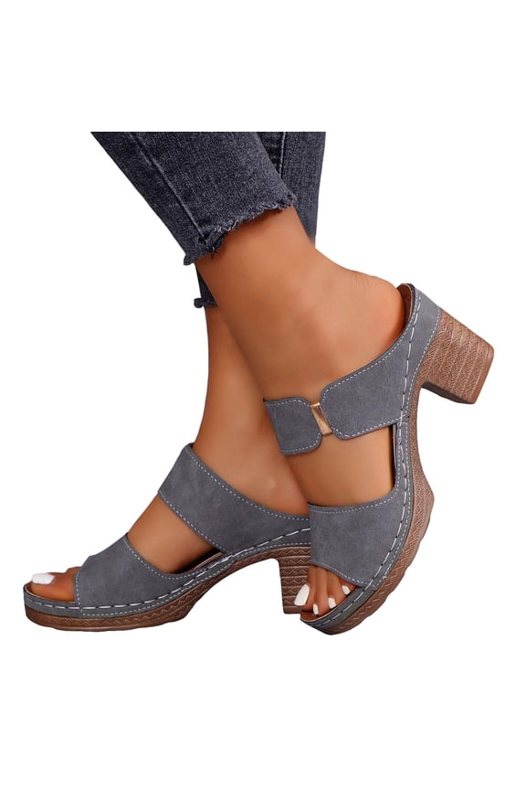 Womens Heeled Sandals Two Band Open Toe Dressy Chunky Block Heels Ladies Orthopedic Wedge Platform Pumps Shoes Grey,6