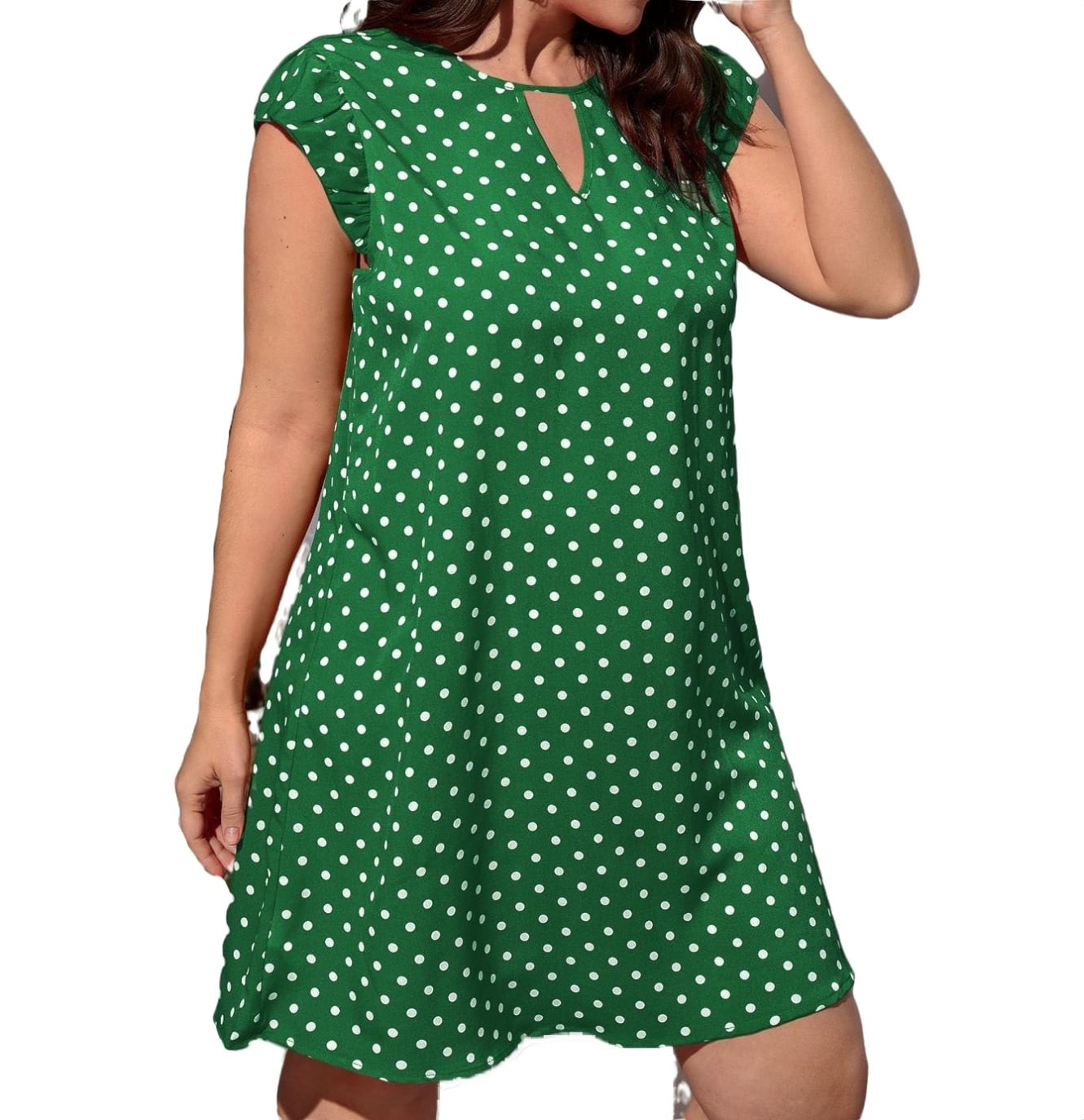 Women Plus Size Mini Dress Keyhole Neckline Dot Print Butterfly Sleeve
