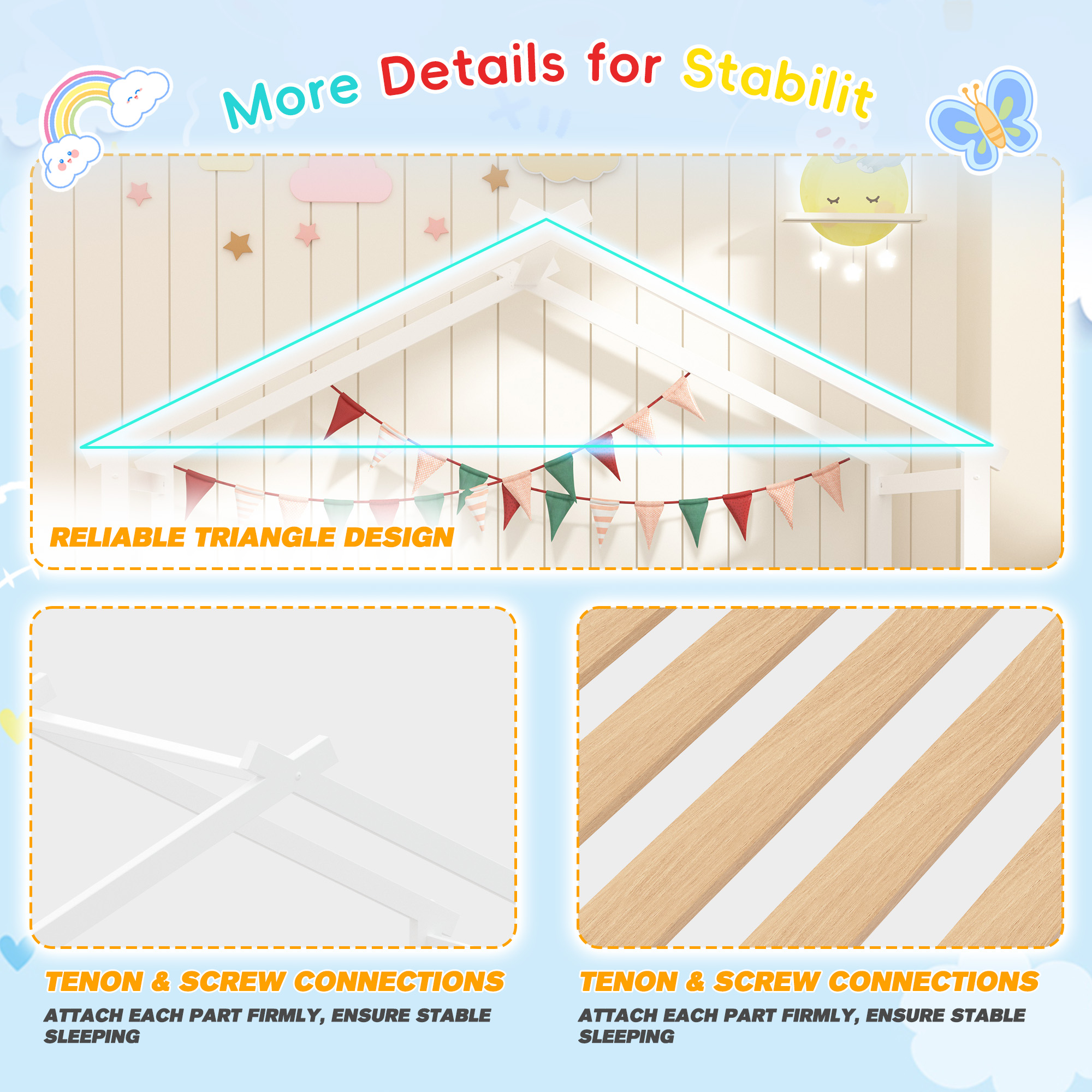 Joywind Twin Solid Wood House Floor Bed Frame with Safety Guardrails, Kids Bed for Boys Girls