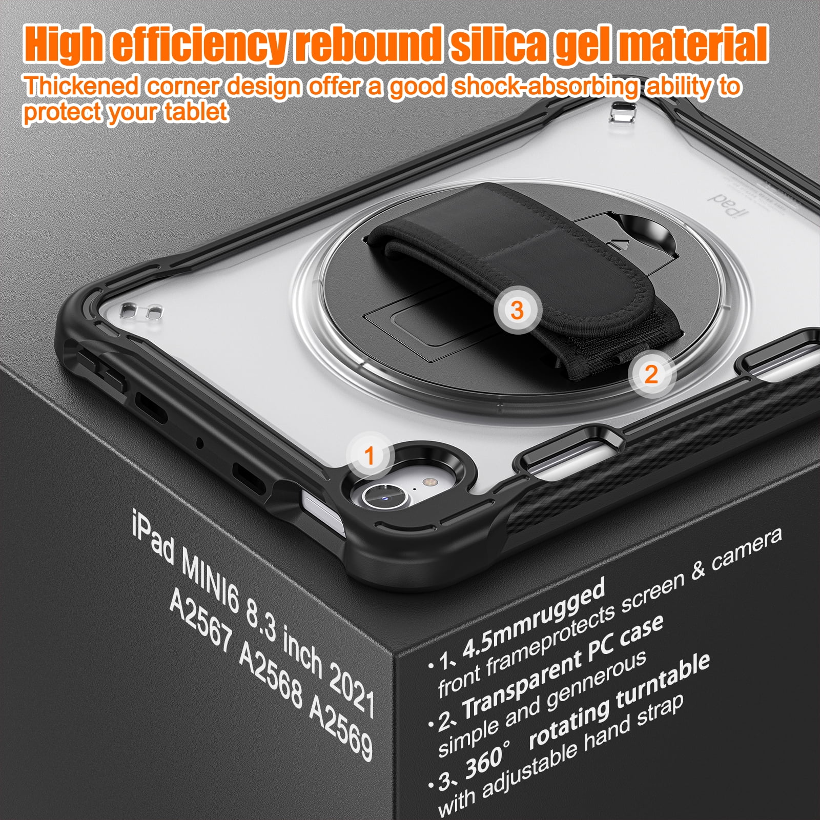 Shockproof Case for Apple iPad mini 6/7, iPad mini 6th 7th Gen Cover, 360 Rotating Stand Translucent Back Cover Shockproof Adjustable Shoulder Strap Kids Friendly with Pencil Holder, Black