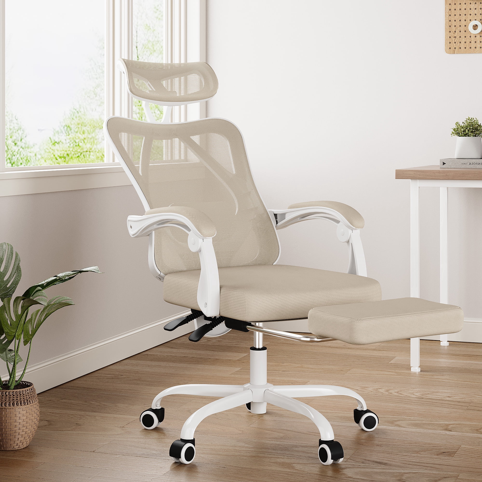 MAYEERTY Ergonomic Mesh Office Chair with Headrest, Lumbar Support, Footrest for Home Office Study, Khaki